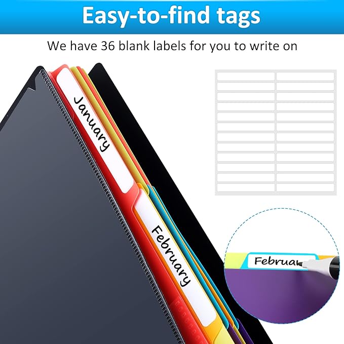 HABGP 24 Pocket Plastic folders with Pockets, 12 Colors Multi Pocket Folder Binder with Dividers, Office Organizer Folder Letter Size School Supplies