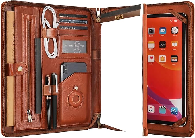Leather Portfolio for 13-in iPad Pro M4/M5 & 13-in iPad Air M2/M3, Leather Padtfolio with ipad Holder for Letter Size Notepad, Personalized Padfolio for Men - Oil Brown