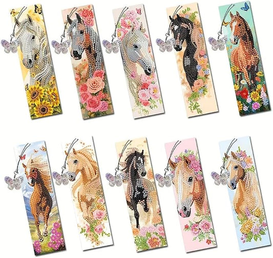 10 Pcs 5D Diamond Art Bookmarks for Reading Lovers, Handmade DIY Diamond Painting Book Marks with Tassels for for DIY Making Beginners Adults Arts Craft Supplies (Horse)