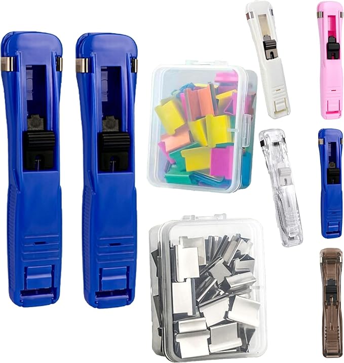 Portable Binder Clip Stapler with 100 Refill Clips,Handheld Paper Clamp Dispenser for Desktop/Document, No-Hole Binding, Home/School/Office Use (Blue,B)