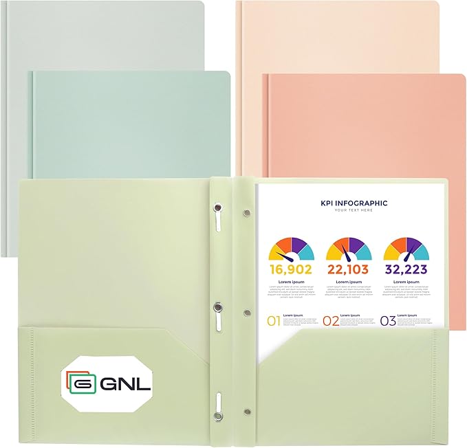GNL Plastic Folders with Pockets and Prong, Pack of 5, Muted Pastel Colors, Heavy Duty 2 Pocket File Folders Letter Size, Folders with Prongs for School, Home, and Office