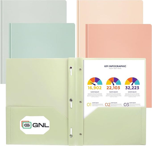 GNL Plastic Folders with Pockets and Prong, Pack of 5, Muted Pastel Colors, Heavy Duty 2 Pocket File Folders Letter Size, Folders with Prongs for School, Home, and Office