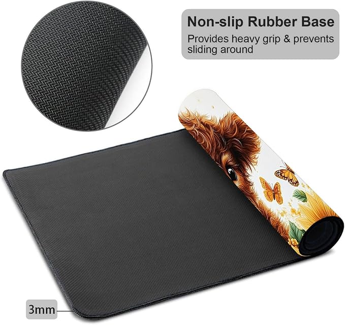 Mouse Pad Gaming Mousepad 31.5x11.8 Inch XXL Large + Coasters,Desk Mat with Stitched Edges, Non-Slip Rubber Base, Thick Mouse Pad for Computer, Laptop, Office & Home - Sunflower Highland Cow
