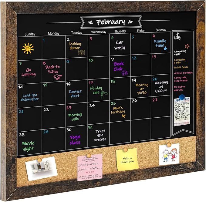 TORASO Magnetic Chalkboard Calendar Corkboard, Small Combination Chalk Board Bulletin Board, 13" x 17",Walnut Brown Framed Blackboard Calendar Cork Combo Board(ZHHB-BN-3343)