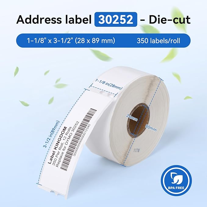 12 Rolls 1-1/8" x 3-1/2" Thermal Labels Replacement for DYMO LW 30252 Multipurpose Address Barcode Label Maker Refills for Label Writer 450, 450 Twin Turbo, 4XL Printers