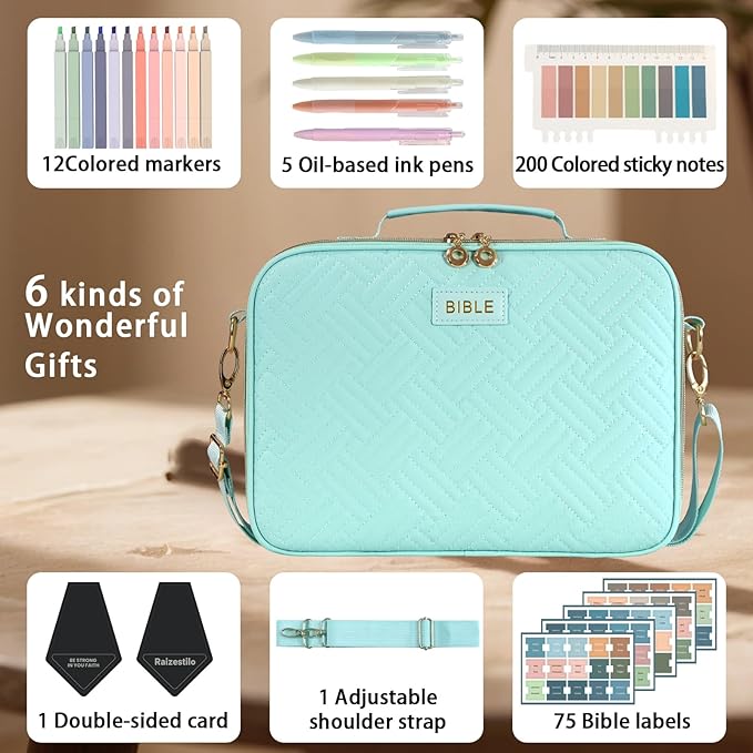 Bible Cover for Women Bible Case, Large Bible Bag, Bible Study Supplies Bible Journaling Kit Book Carrying Case with Bible Highlighters Tabs, Valentines Day Christian Gifts for Women (Blue)