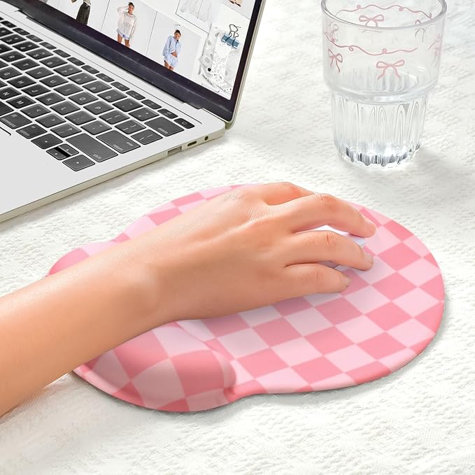 Retro Checkered Mouse Pad with Support Wrist Rest,Cute Funny Boho Ergonomic Mouse Pad with Non-Slip Base for Office Gaming Working Computers,Desk Accessories Pain Relief,Rose Pink