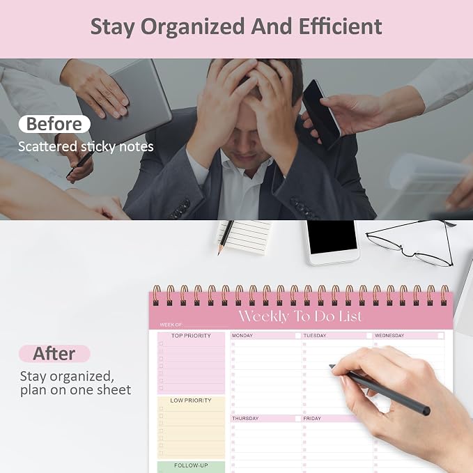 Weekly To Do List Notepad, 52 Sheets Undated Weekly Planner, 8.5"x11" Letter Size Horizontal Desk Pad with 100GSM Thick Paper, Twin-Wire Spiral Bound Tear Off Lined Organizer for Office Work, School & Home