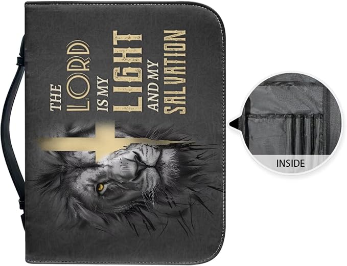 Retro Religious Style Cross Lion Bible Case with Bookmark Waterproof Bible Cover Case for Women Lightweight Bible Bag with Handle Pockets Church Book Bag Grey