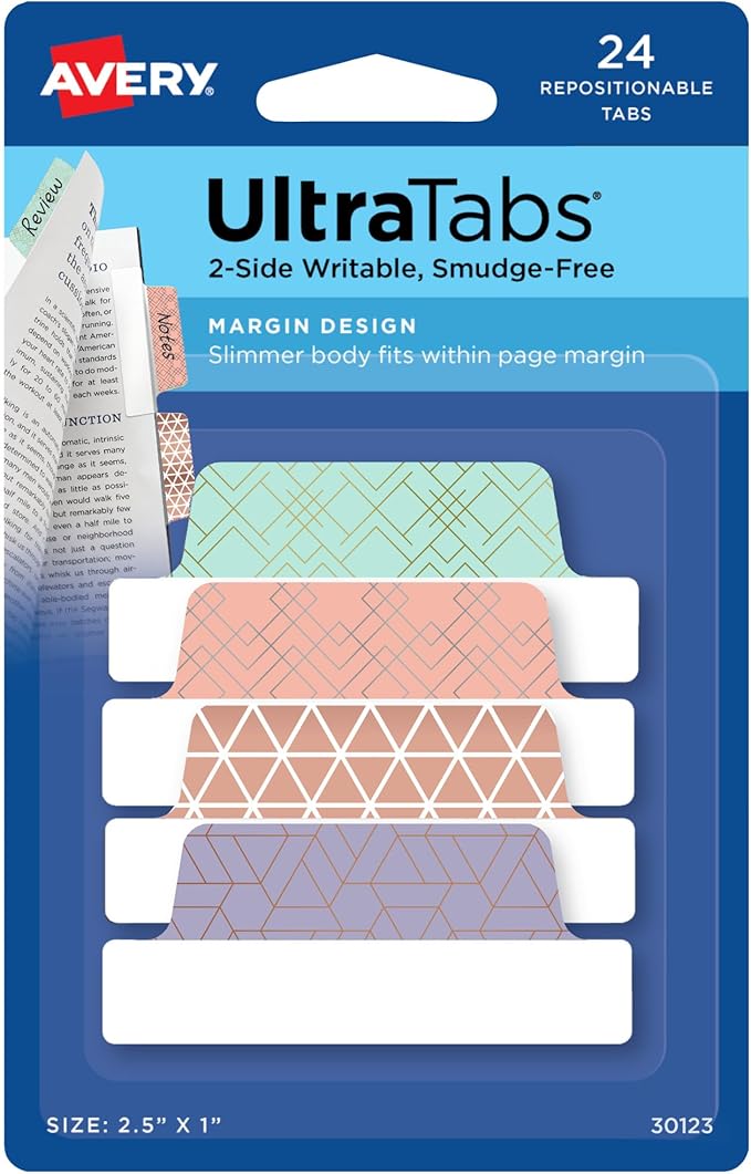 Avery Margin Ultra Tabs, 2.5" x 1", Assorted Metallic Geometric Designs, 24 Repositionable Page Tabs (30123)
