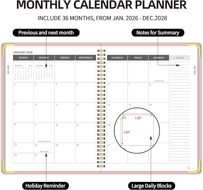 2026-2028 Monthly Planner - 3 Year Monthly Planner 2026-2028, Jan. 2026 - Dec. 2028, 8.5" x 11", 36 Months Calendar Planner with Spiral Bound, Notes Pages, Perfect for School & Office for Women & Men - Pink