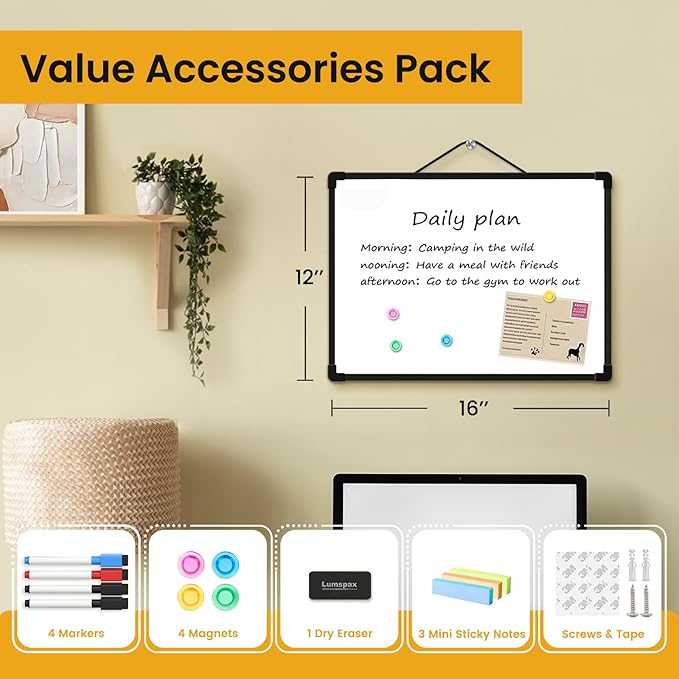 Black Frame Small Dry Erase Board for Wall, 16" x 12" Double-Sided Hanging Whiteboard with 4 Markers, 4 Magnets and 3 Mini Sticky Notes, Portable Whiteboard for Home, Office, School