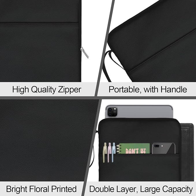 Black Book Sleeve Kindle Pouch, Book Protector Case with Zipper, PU Leather Waterproof Book Cover Bag, Portable Book Pouch for Book Lovers Gifts Paperbacks Bibles Hardcover