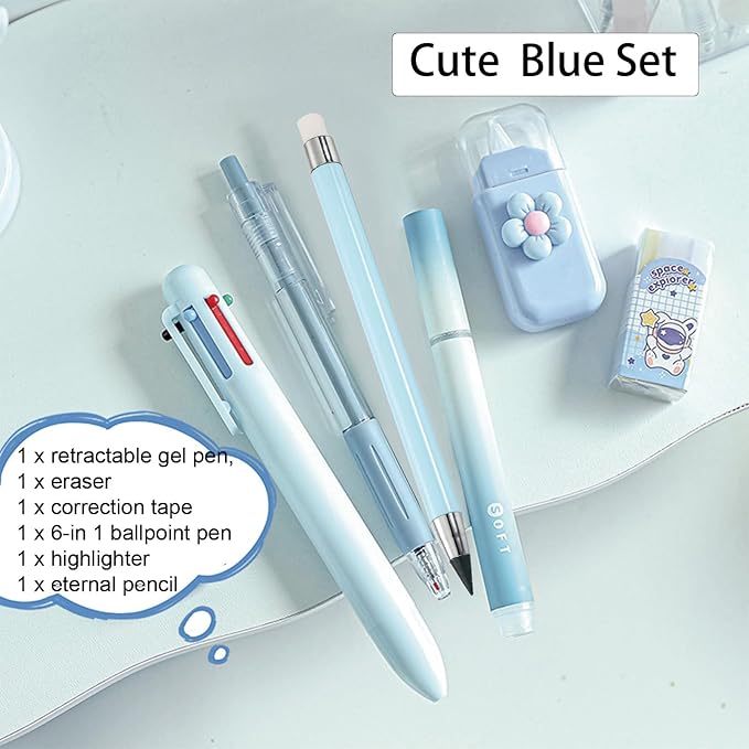 MOZXIRZ 6 Pcs Cute Blue Stationery Set for Women Back to School Supplies Office Supplies Including Gel Ink Pens 6-in-1 Ballpoint Pens Pencil Eraser (Blue)