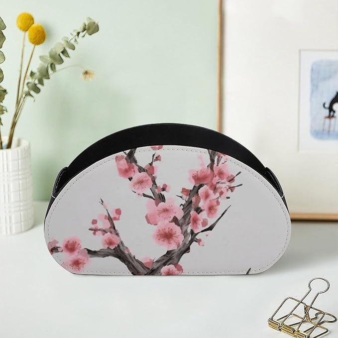 Cherry Blossom Tree Branch Remote Control Holder TV Remote Caddy with 5 Compartments PU Leather Storage Box Stylish Desk Organizer for TV/DVD/Accessories Desk Office Supplies Home