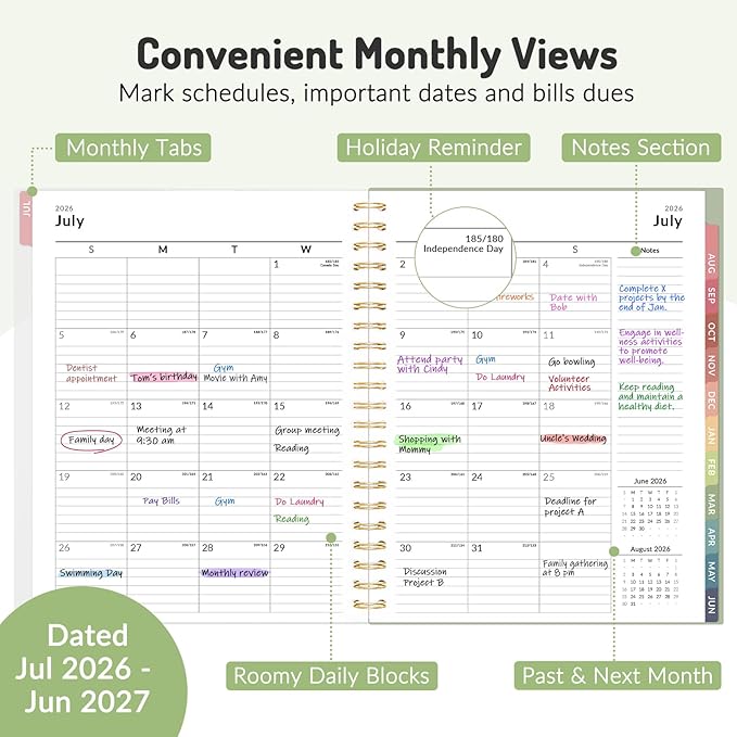 Forvencer Planner 2026-2027, July 2026 - June 2027, 8.5" x 11" Academic Year Monthly and Weekly Calendar Planner with Spiral Bound, Month Tabs, Flexible Cover for School Office (A4, Purple)