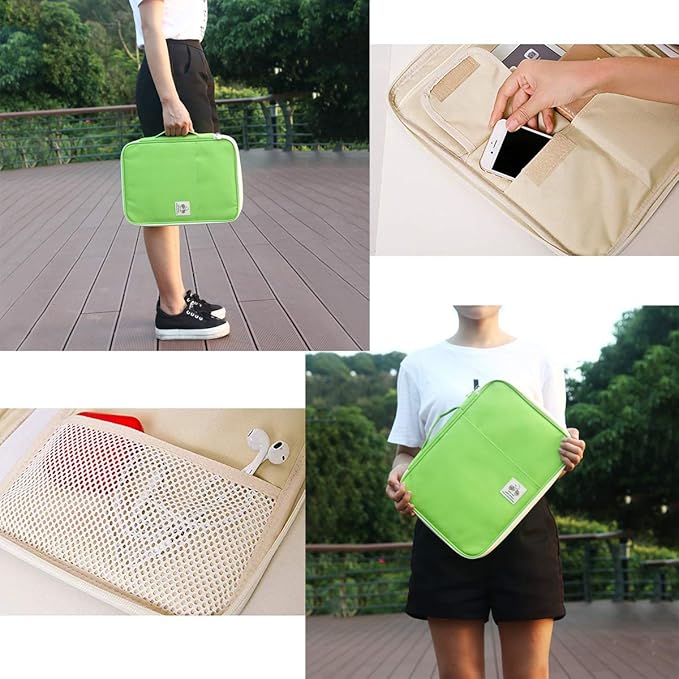 JAKAGO A4 Travel Portfolio Multifunctional Document Organizer Zippered Case for Office Supplies (green)