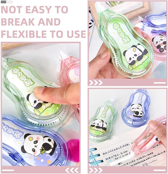 Ciieeo 4pcs Correction Tape for Students with Cartoon Panda Design, Portable Small Eraser Tape Set in Pink Blue Green and Cyan, Classroom and School Supplies for Daily Writing Correction