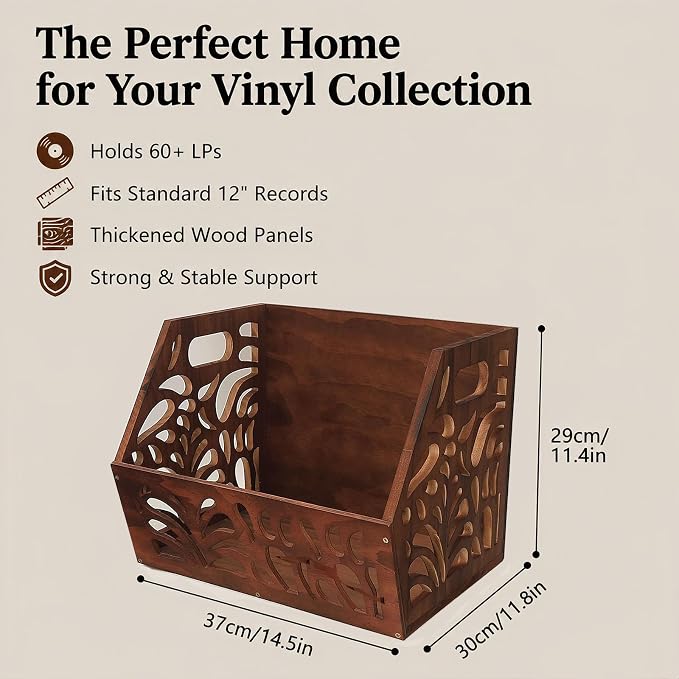 Vintage Vinyl Record Storage, Album Holder Storage 60+ LPs, Classic Vinyl Organizer Cube, Wooden Crate Box for Record Magazine Display (Patent Pending)