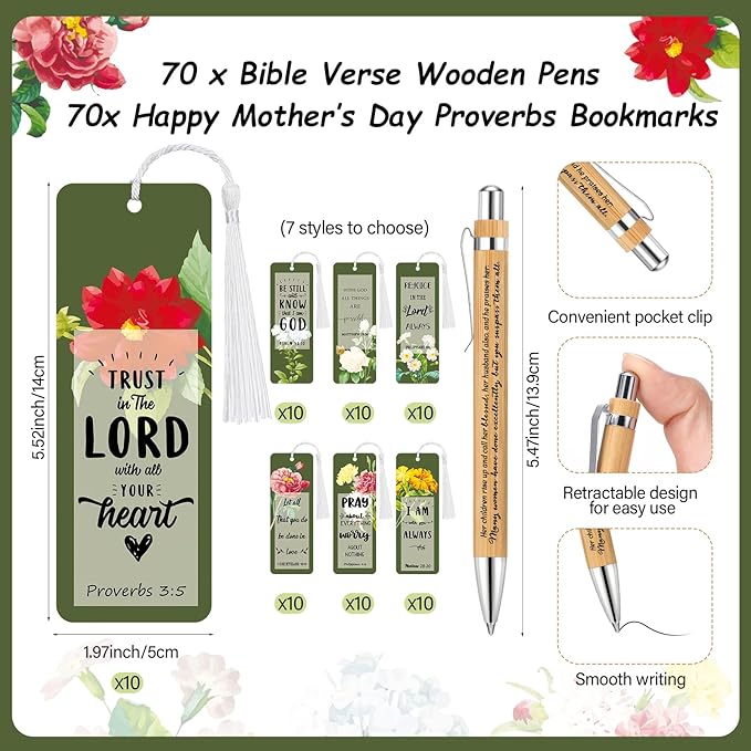 Spakon 70 Sets Mother's Day Church Gifts Bible Verse Bookmarks Inspirational Bamboo Pens Gift Bags Mom Christian Gifts Bulk Religious Mothers Day Party Favors
