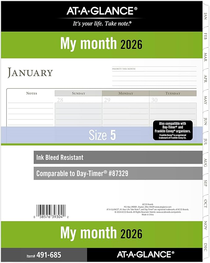 AT-A-GLANCE 2026 Planner Refill, Monthly, 8-1/2" x 11", Folio Size 5, Loose-Leaf (491-685-26)