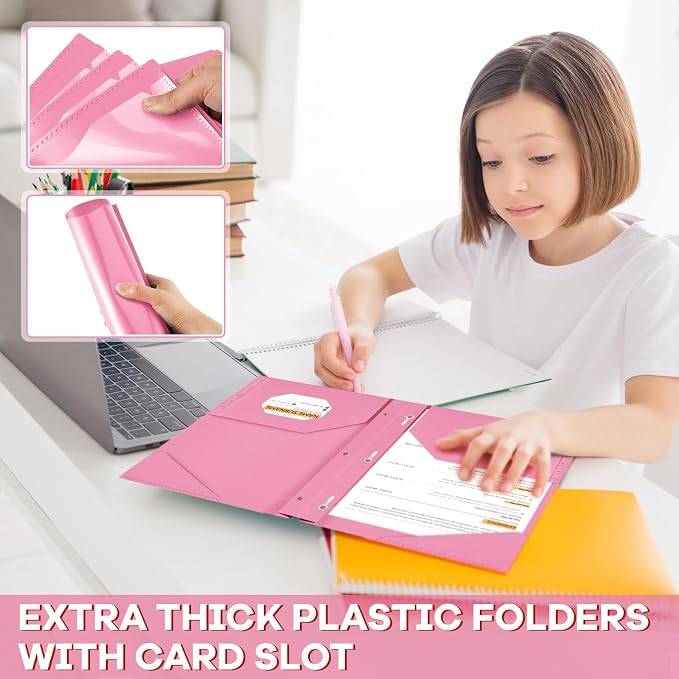 Henoyso 36 Pcs Plastic Folder with Clear Front Pocket and 3 Prong Plastic Folders with Card Slot Pocket Folders with Prongs for School Office (Pink)