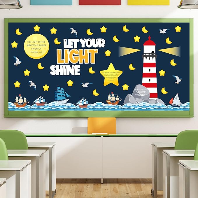 109Pcs Christian Religious Bulletin Board Set Let Your Light Shine Classroom Decoration VBS 2026 Bible Verse Lighthouse Paper Cutout for Church Easter Sunday School Chalkboard Door Wall Decor