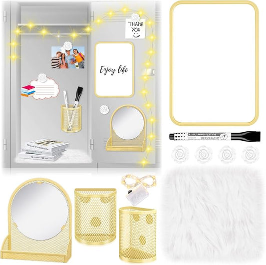 8 Pcs Locker Accessories for Girls Gold Magnetic Mirror, Magnetic Pen Holders, Cute Flower Magnets,Gold Locker Decoration for School Locker, Back to School Essentials