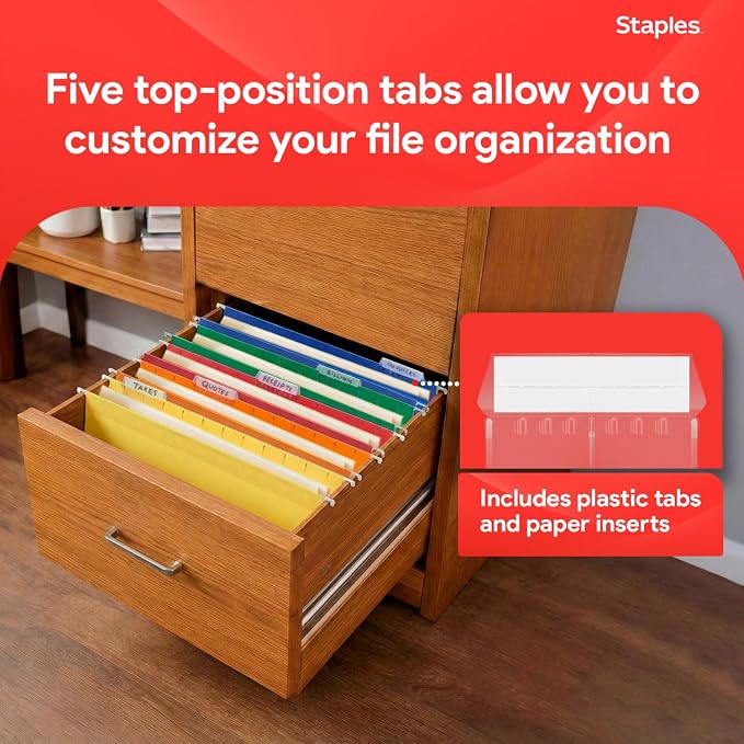 Staples Hanging File Folders, Letter Size, 1/5‑Cut Tabs, Assorted Colors, Adjustable Tabs with Paper Inserts – 25/Pack