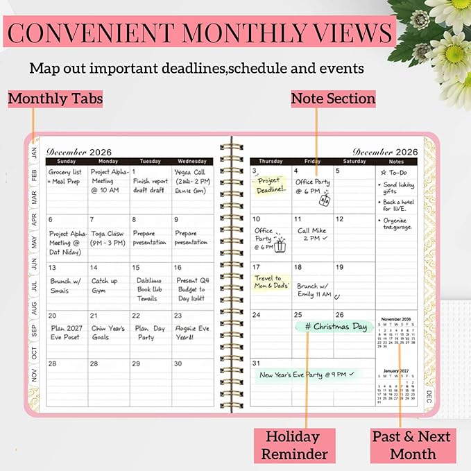 2026 Planner Weekly and Monthly,Pink Daily Cute Planner for Women Student,Jan 2026 to Dec 2026,Small A5 (6.3" x 8.5")Glitter Hardcover Spiral Agenda Calendar Book with Tabs for Office School Home Work