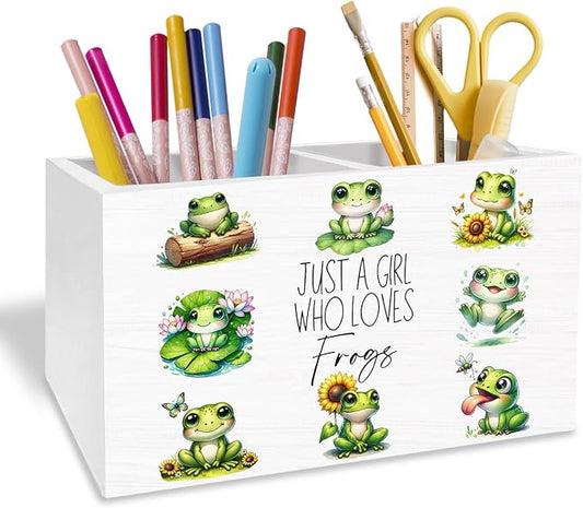 Cute Floral Frog Pen Holder for Desk, Gifts for Frog Lovers Pencil Organizer, Just a Girl Who Loves Frogs Wooden Box Sign Desk Decor for Home Office Decoration