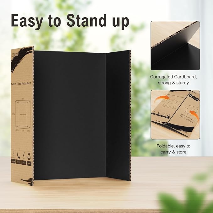 HAUTOCO 12 Pack Trifold Poster Board 26'' x 15.74'' Medium Tri Fold Project Boards Black Corrugated Presentation Cardboard for Science Fairs, School Projects, Event Displays, Business