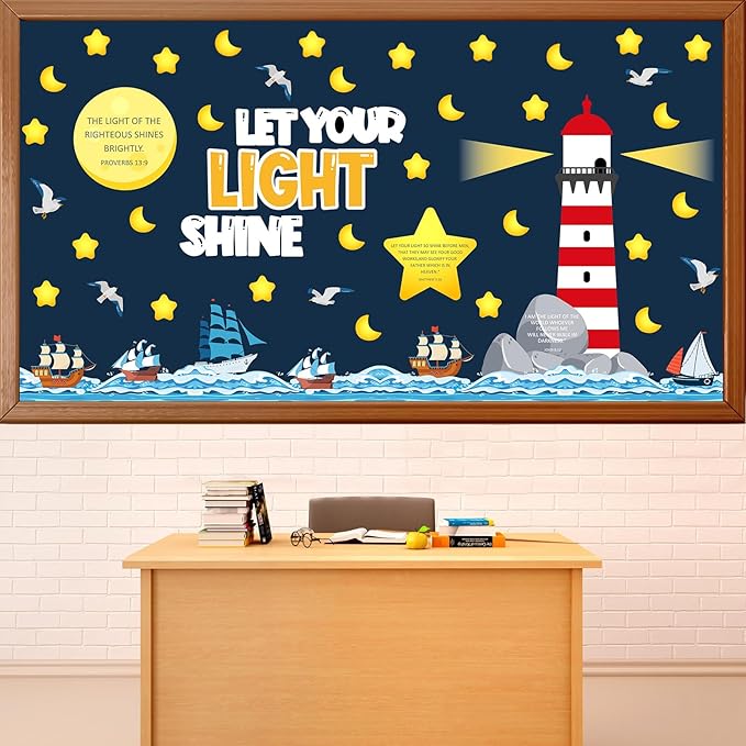 109Pcs Christian Religious Bulletin Board Set Let Your Light Shine Classroom Decoration VBS 2026 Bible Verse Lighthouse Paper Cutout for Church Easter Sunday School Chalkboard Door Wall Decor