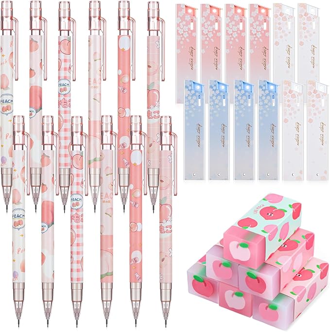 Breling 30 Pcs Kawaii Peach Mechanical Pencil Gift Set 12 Mechanical Japanese Pencils 6 Cute Peach Eraser 12 Tube HB Refill Graduation First Day of School Office Gift(0.7mm)