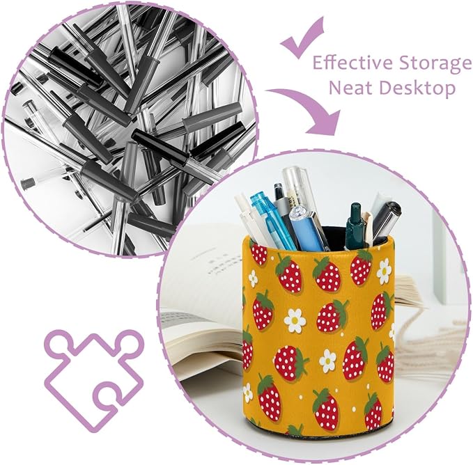 Strawberry Daisies Pen Holder Pencil Organizer Cute Pencil Cup Desk Decor Makeup Brush Holder PU Multifunctional Office Supplies for Home Classroom School