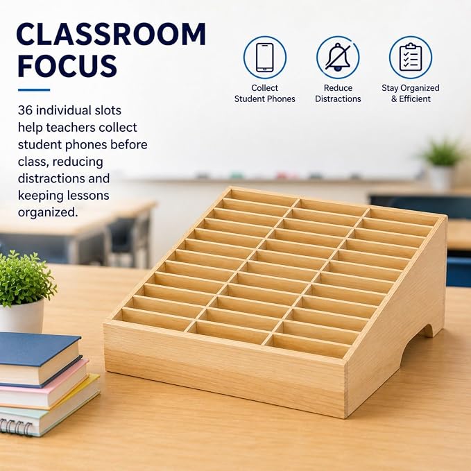 XICHENGSHIDAI 36-Grid Classroom Cell Phone Holder, Wooden Mobile Phone Storage Box, Desk Organizer for Teachers, School and Office