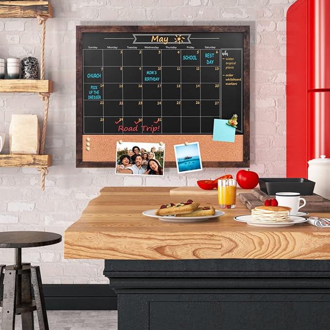 Chalkboard Calendar and Bulletin Combo Board. 18" x 22" Brown Wooden Frame，Magnetic Chalkboard.Perfect for Office, Home School Message Board，HBZHB-BN4555-US