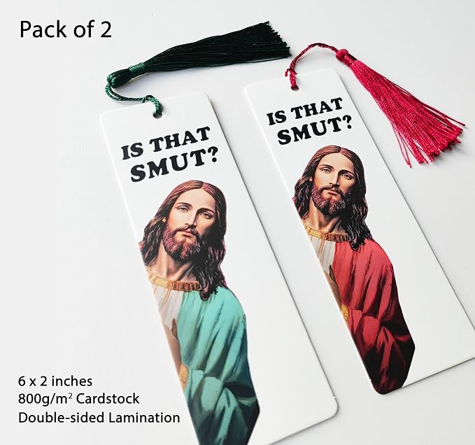 Funny Jesus Bookmark Set “Is That Smut?”, Peeking Jesus Bookmark with Tassel, Humor Bible Reading Accessory for Book Lovers, Novel Readers, Cute Reading Marker Pack of 2 (Red, Green)