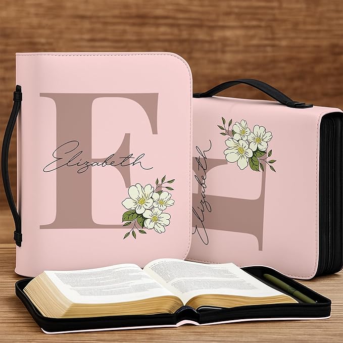 Custom Leather Bible Cover with Name – Personalized Bible Case for Women Zippered with Handle, Bookmark & Storage Pockets, Christian Gift for Mom, Daughter, Grandma (Innitial 02, M-2XL)