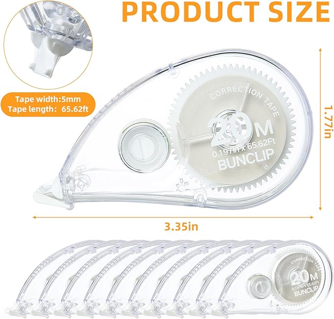 White Correction Tape, 10 Pack Bulk, Extra Long 65.62 Feet x 0.197 Inch, Strong Covering Power for Instant Corrections, Clear for Writing & No Marks for Copying, for School and Office