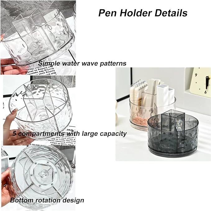 Rotating Pencil Holder, Desk Organizer with Multi-Compartment Design-Stylish, Functional Storage Solution for Home Offices, Classroom, Art Supplies Storage (Light gray ripple)