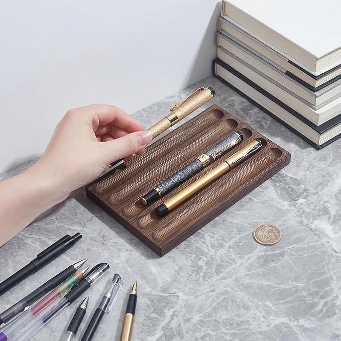 NBEADS 5-Slot Wood Pen Holder, Wood Desk Pen Stand Pen Tray Office Accessory for School,Home,Office Desktop Art Accessories, 4.33x7.09x0.55 Inch