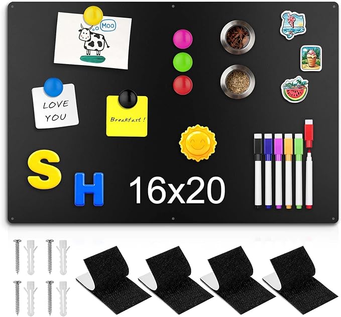 16" x 20" Magnetic Board, Black Magnet Bulletin Board to Display Magnetic Letters, Metal Board for Wall, Refrigerator Photo, with Dual Lock Tape and Screws, Marker Pen