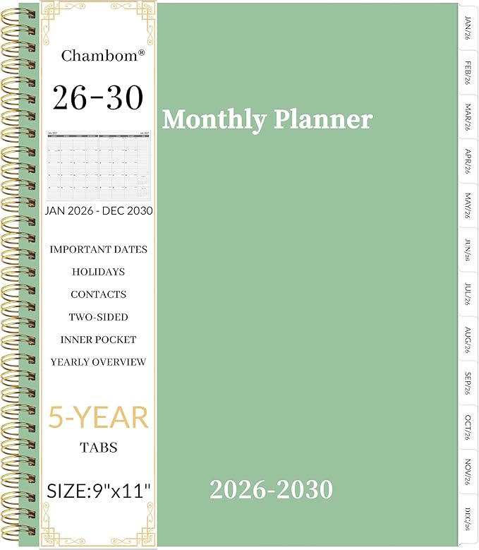 2026-2030 Monthly Planner 5 Year Monthly Planner/Calendar 2026-2030, Jan 2026 – Dec 2030, 9" x 11", Tabs, Double-Side Pocket, Holidays, Thick Paper - Green