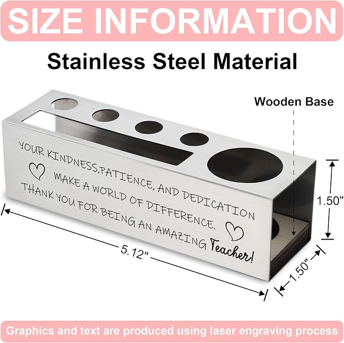 Teacher Appreciation Stainless Steel Pencil Holder with Engraved Quote, Thank You Gift from Student for Women Men, Desk Organizer for Pens Scissors Sticky Notes, Motivational Office Decor - FBA385