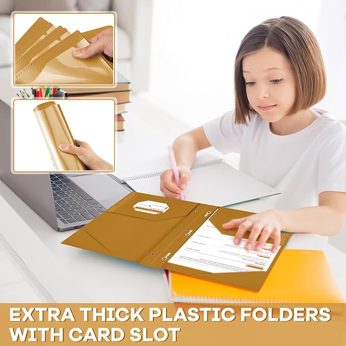 Henoyso 36 Pcs Plastic Folder with Clear Front Pocket and 3 Prong Plastic Folders with Card Slot Pocket Folders with Prongs for School Office (Khaki)