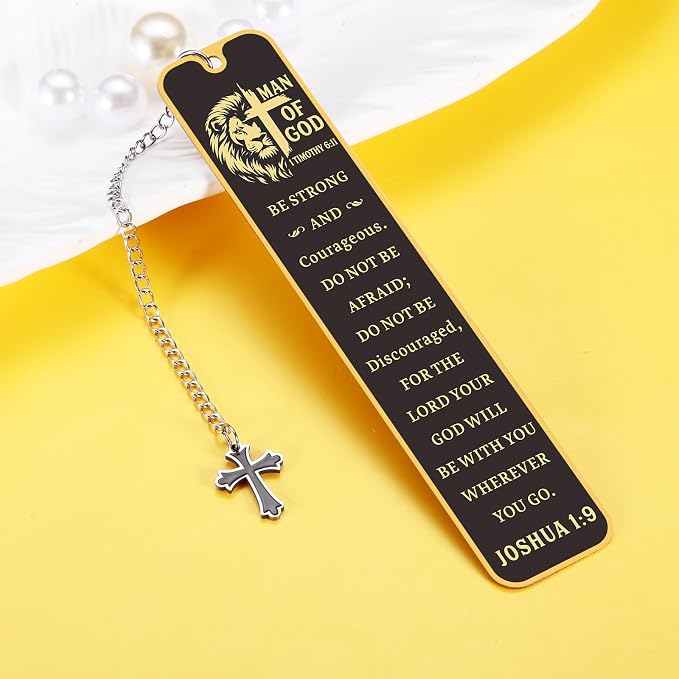 Christian Bookmark Man of God, Inspirational Lion Bible Verse Bookmark with Cross Pendant, Religious Scripture Verse Bookmarks for Man Accessories Church Fathers Day Baptism Easter for Pastor Men