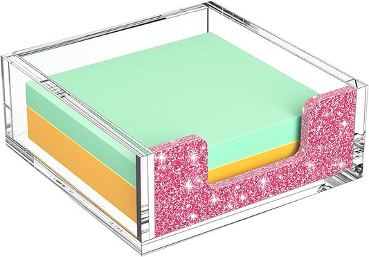Acrylic Notepad Dispenser Organizer - 3 x 3 in Clear and Glitter Pink Sticky Note Holder W/O Pads Memo Holder for Dorm Room School Classroom Office Desk Organizer Aesthetic Supplies
