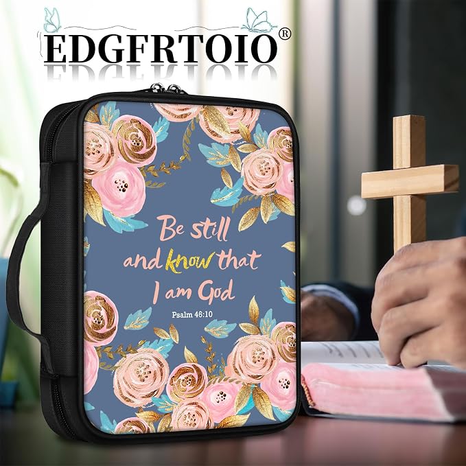 Bible Cover: Be Still and Know Quote Case - Handle, Zippered Pocket, Portable Bible Bag Gift for Women or Church - Standard Size