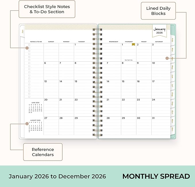 Blue Sky Day Designer 2026 Weekly and Monthly Planner Calendar, January 2026 - December 2026, 5" x 8", Flexible Cover With Zip Pouch, Durable Twin Wire Binding, Storage Pocket, Includes Stickers, Tulip Garden Mint